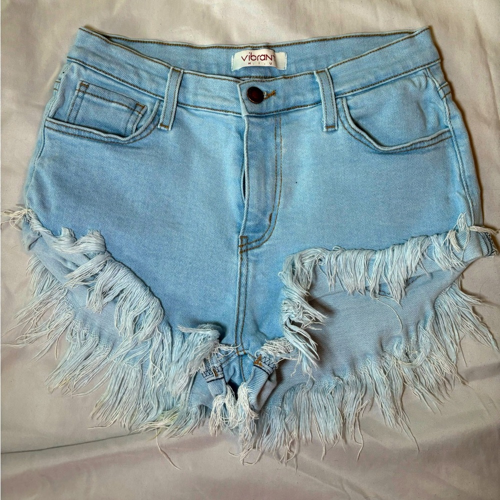 light wash fringe jean shorts size L